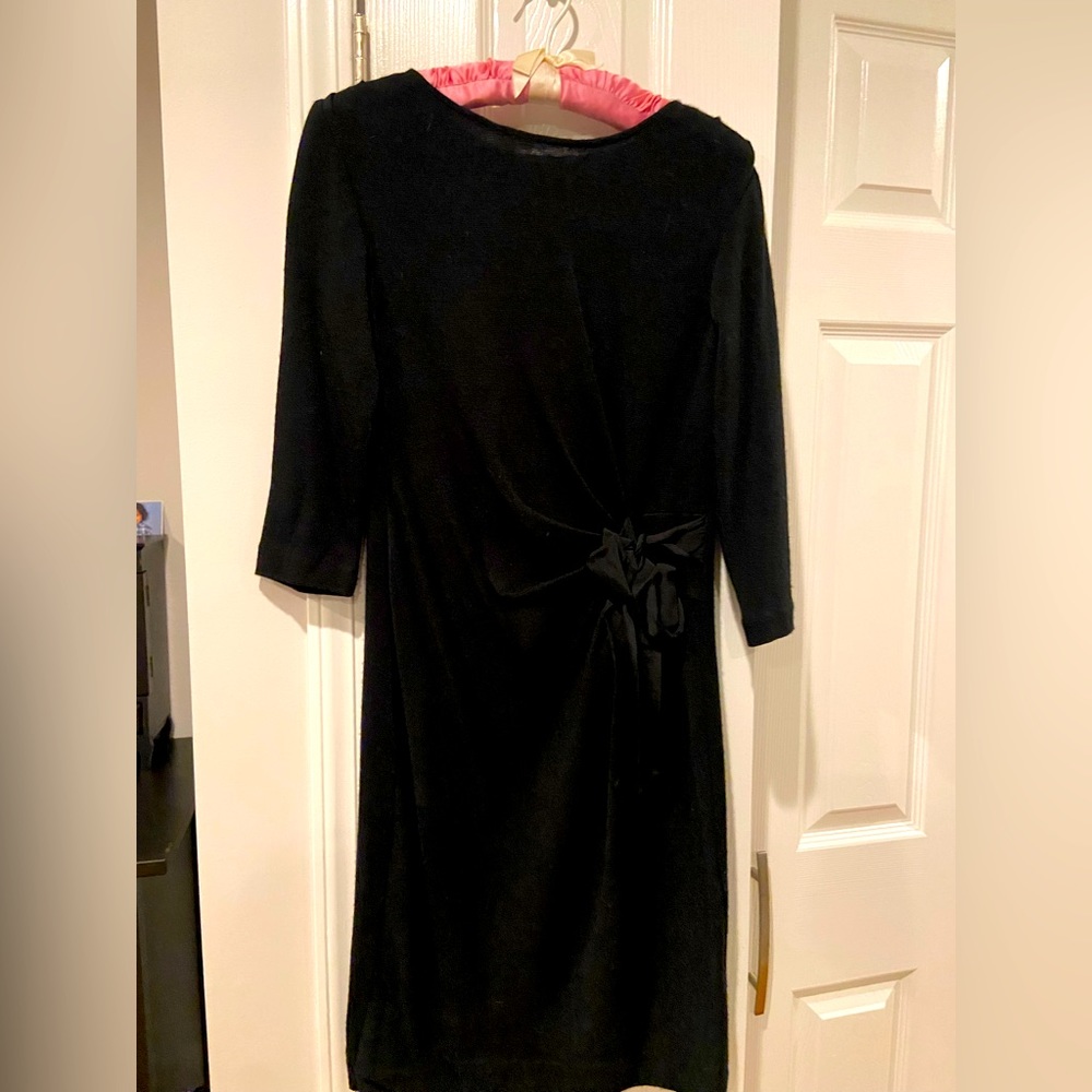 Black knee length Taylor sweater dress with Satin tie at side